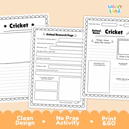 Three printable animal research worksheet pages about a cricket are shown on a peach background with an orange banner at the bottom. The pages include writing boxes, a drawing area, and labeled sections for animal name, date, and interesting facts.
