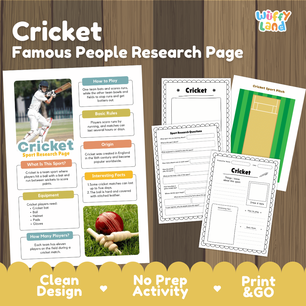 Printable cricket research page activity sheets displayed on a wood background, with the title 'Cricket Famous People Research Page' and three sample worksheet pages shown. The design includes cricket photos, text boxes, and a green field graphic, with a 'Wiffy Land' logo in the top right.