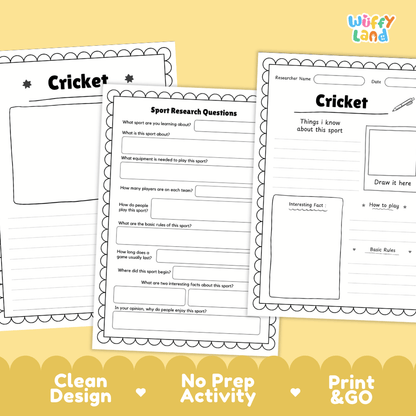 Three printable worksheet pages about cricket are shown on a pale yellow background with promotional text along the bottom. The sheets are black-and-white with decorative scalloped borders and writing areas such as 'Cricket,' 'Sport Research Questions,' and 'Things I know about this sport.