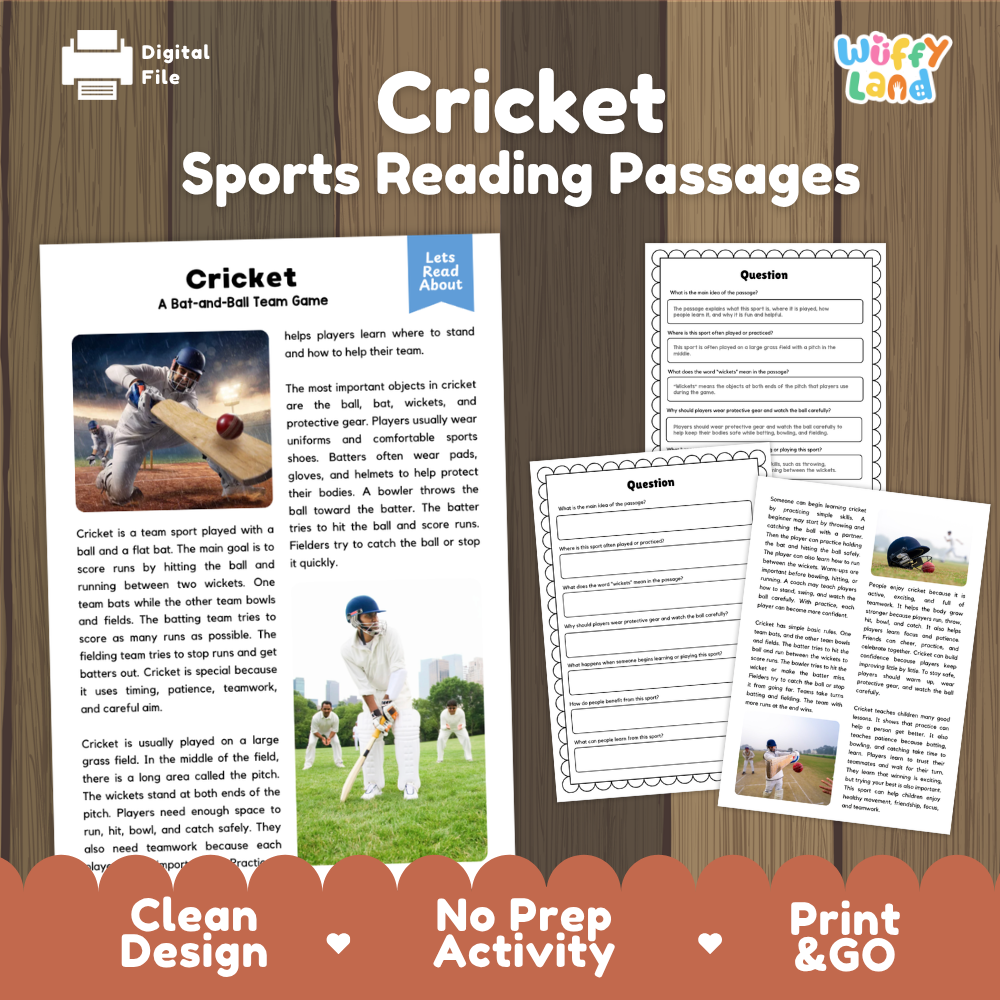 Cricket Sports Reading Passages and Comprehension Questions Worksheets