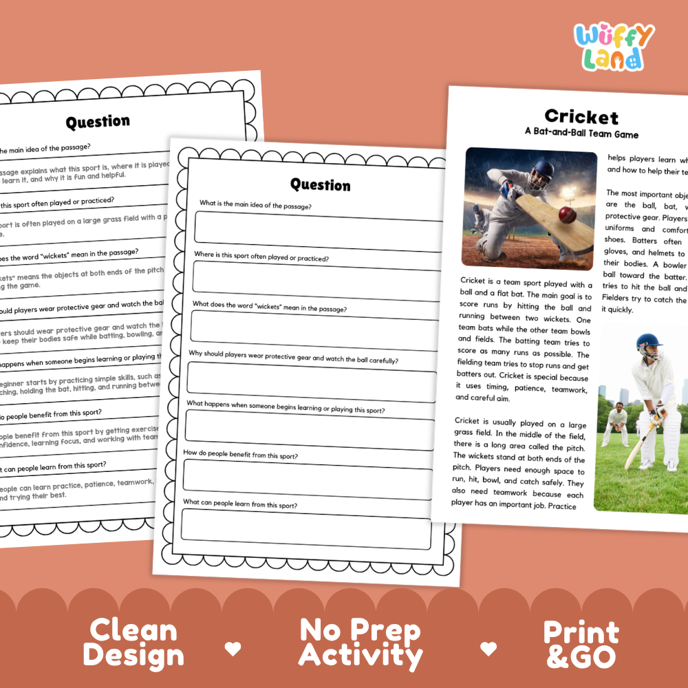 Cricket Sports Reading Passages and Comprehension Questions Worksheets