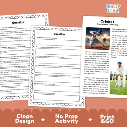 Cricket Sports Reading Passages and Comprehension Questions Worksheets