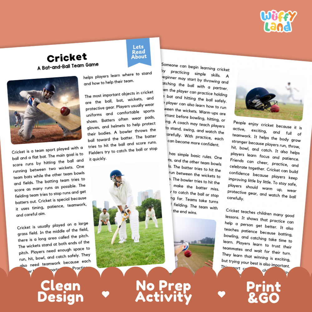 Cricket Sports Reading Passages and Comprehension Questions Worksheets