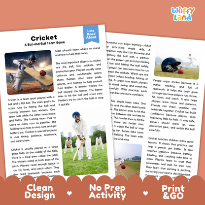 Cricket Sports Reading Passages and Comprehension Questions Worksheets