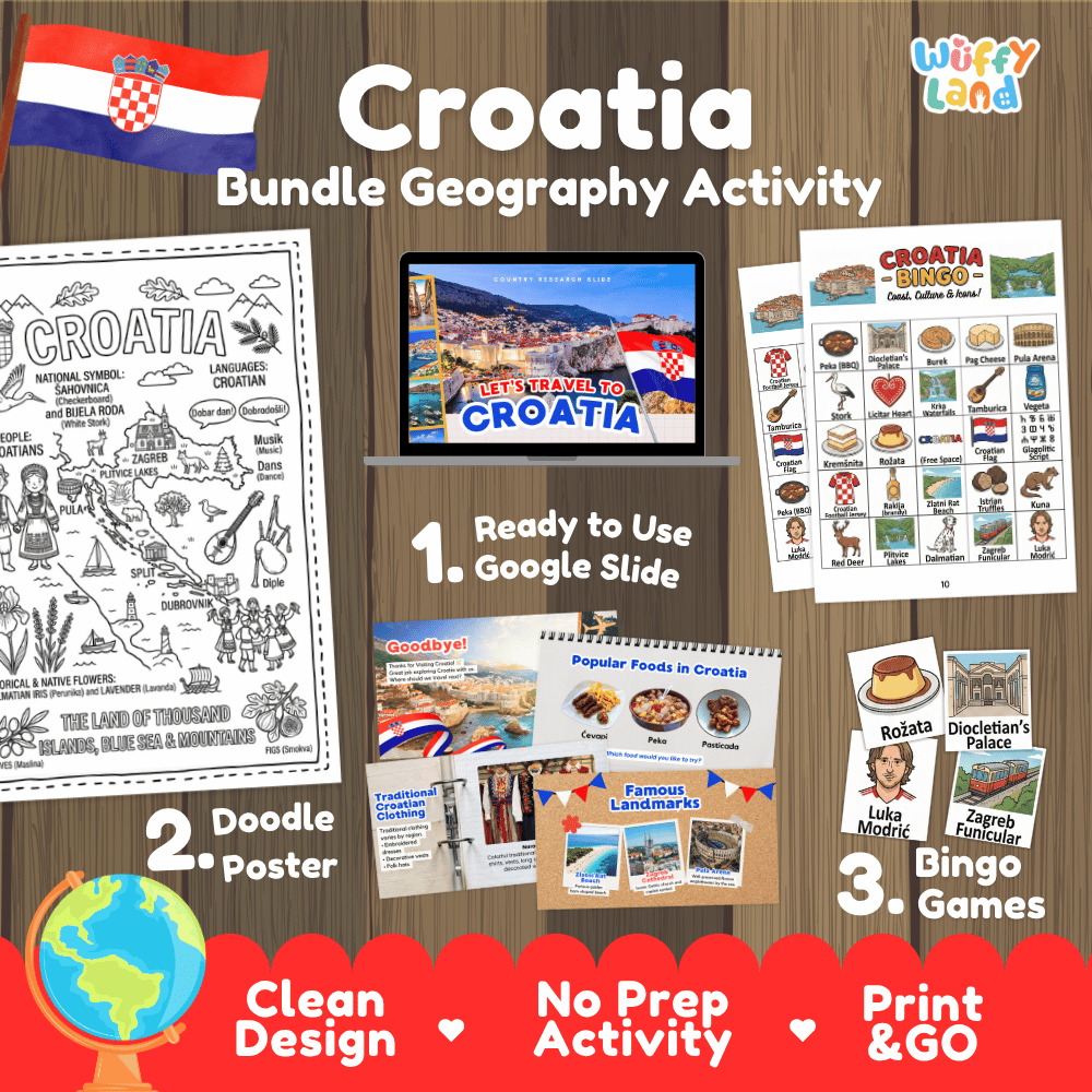 Complete Croatia geography activity bundle featuring Google Slides, doodle coloring poster, and classroom bingo games 🇭🇷🎒