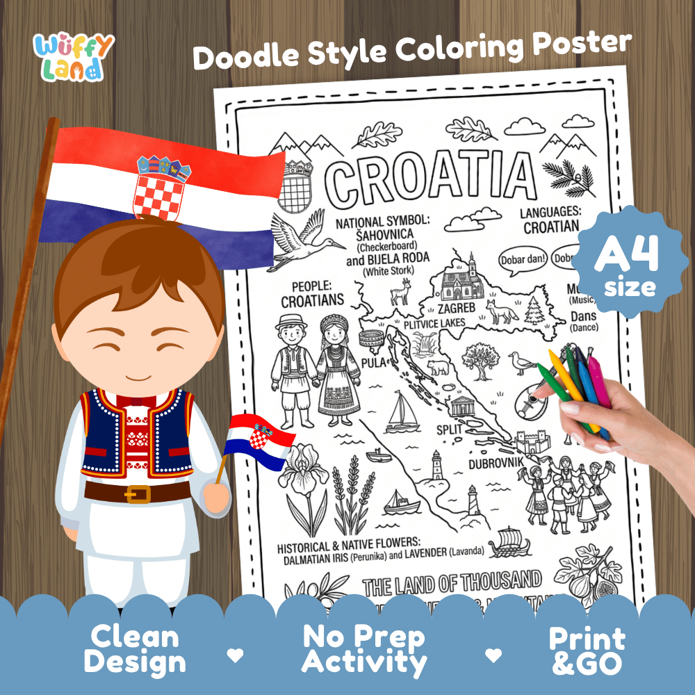 Croatia country study doodle style coloring poster printable page featuring map, landmarks, and cultural symbols