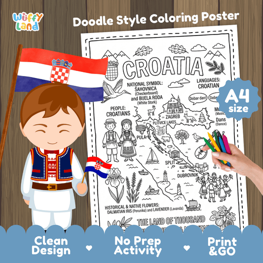 Croatia country study doodle style coloring poster printable page featuring map, landmarks, and cultural symbols