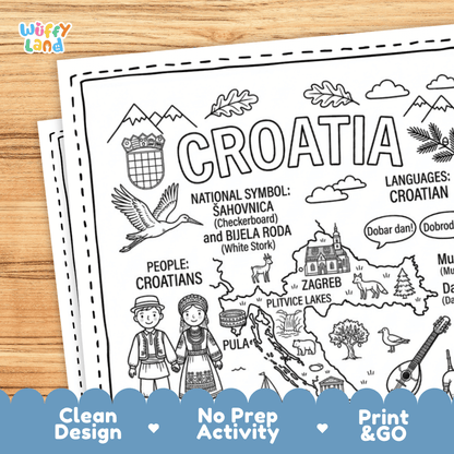 Cultural coloring page featuring traditional Croatian folk costumes, music and dance, sailboats, and Croatian greeting speech bubbles