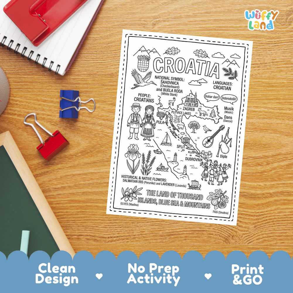 Doodle map coloring sheet showing Croatia's capital Zagreb, Plitvice Lakes, Split, Pula amphitheater, and Dubrovnik walls