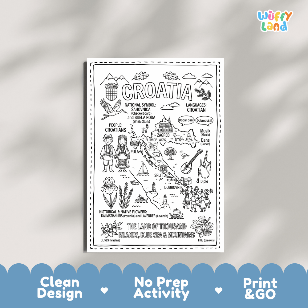 Educational activity coloring page highlighting Croatia's symbols the White Stork, Dalmatian Iris, lavender, and checkerboard crest