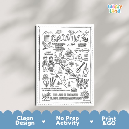 Educational activity coloring page highlighting Croatia's symbols the White Stork, Dalmatian Iris, lavender, and checkerboard crest