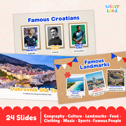 A promotional graphic for a slide deck titled 'Famous Croatians' and 'Famous Landmarks' from Wuffy Land, showing sample educational presentation slides with photos, text, and decorative bunting on a pink patterned background.