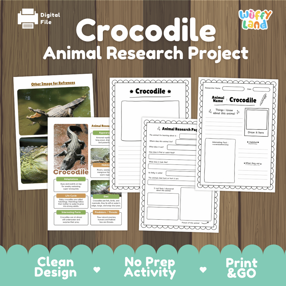 Crocodile Animal Research Project printable science pack overview showing fact sheets, photo references, and writing organizers from Wuffy Land 🐊📝