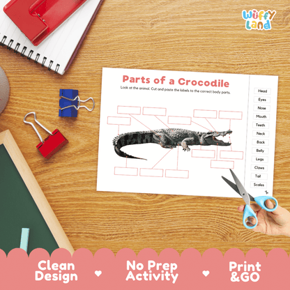 Printable reptile anatomy worksheet showing a realistic crocodile with blank labeling boxes and a vocabulary word bank for writing practice