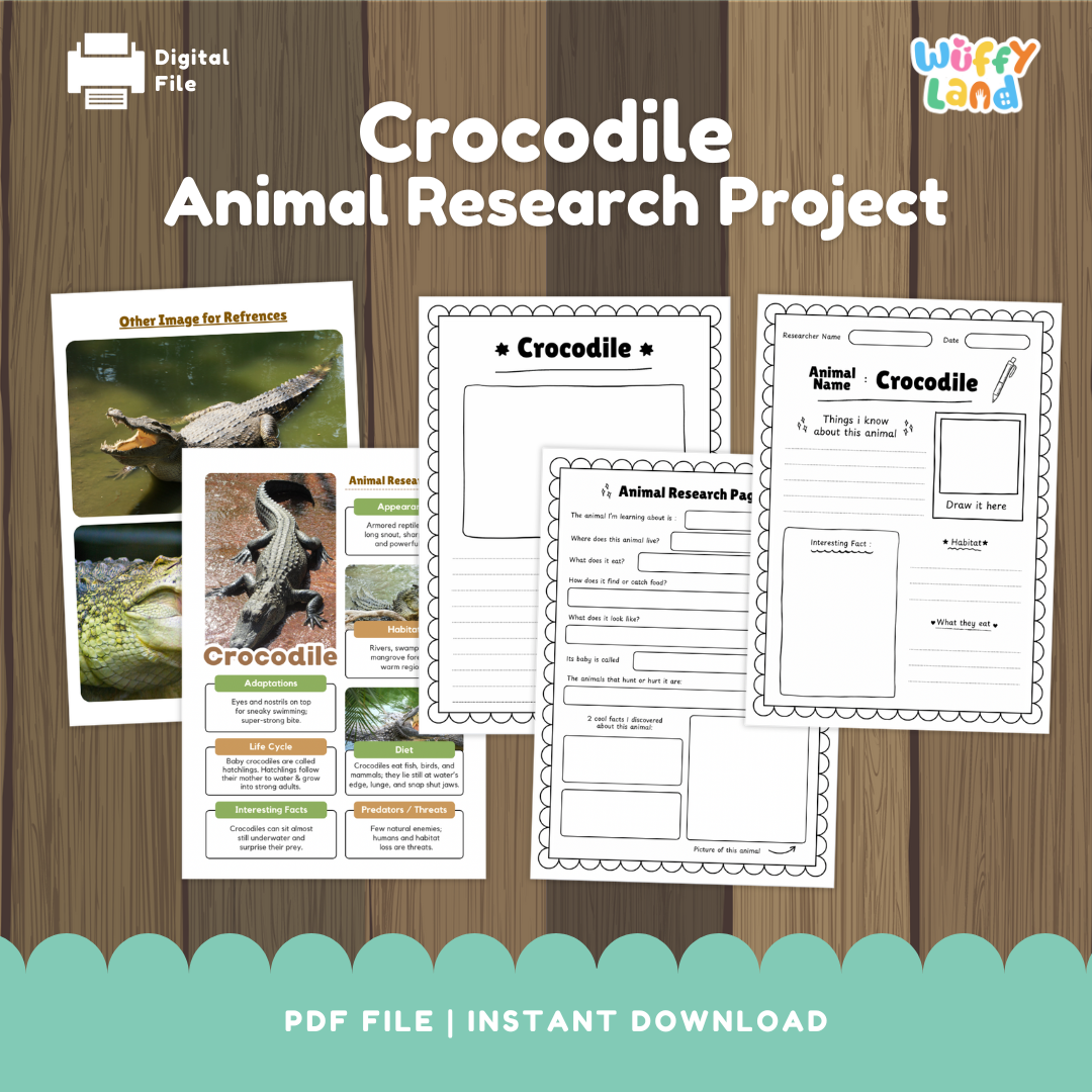 Educational printable pack titled “Crocodile Animal Research Project” displayed on a wooden background. The set includes photo reference pages with crocodile images and labeled sections for adaptations, habitat, life cycle, and interesting facts. It also features black-and-white research worksheets where students can write information, answer guided questions, and draw the animal.