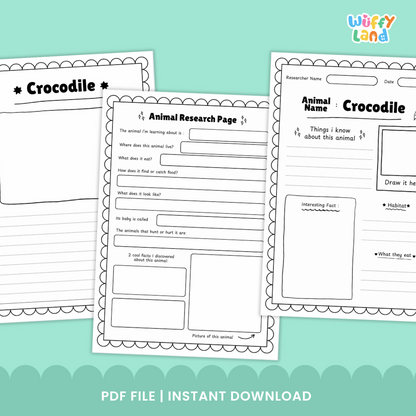 Educational printable pack titled “Crocodile Animal Research Project” displayed on a wooden background. The set includes photo reference pages with crocodile images and labeled sections for adaptations, habitat, life cycle, and interesting facts. It also features black-and-white research worksheets where students can write information, answer guided questions, and draw the animal.