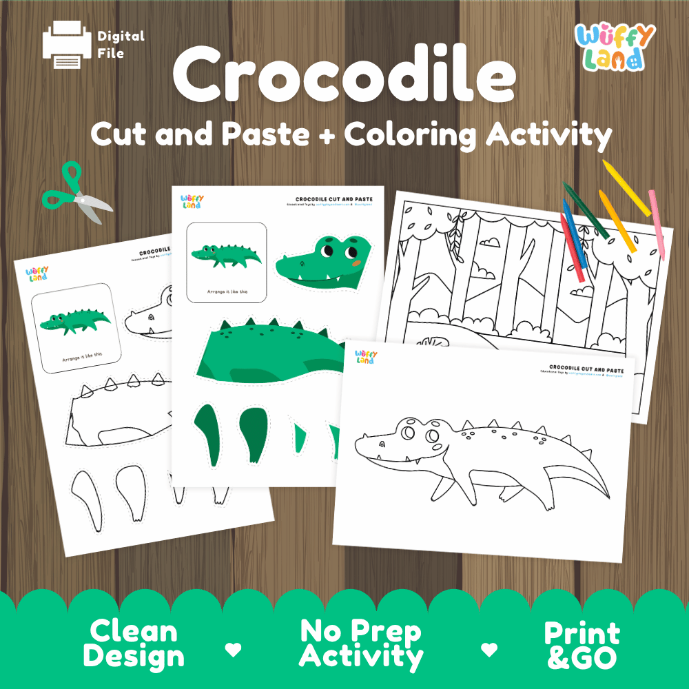 Crocodile Cut and Paste Craft and Coloring Pages Activity Worksheets