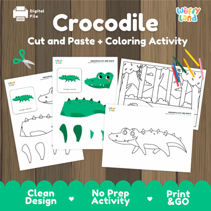 Crocodile Cut and Paste Craft and Coloring Pages Activity Worksheets