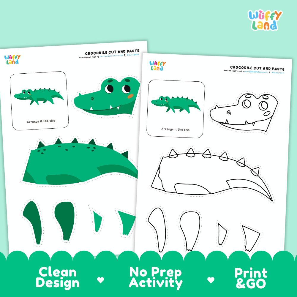 Crocodile Cut and Paste Craft and Coloring Pages Activity Worksheets