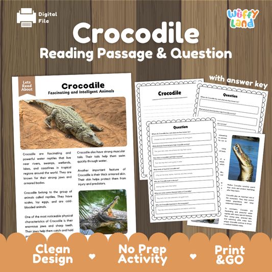 Crocodile Reading Passage and Comprehension Questions Worksheets with Answer Key