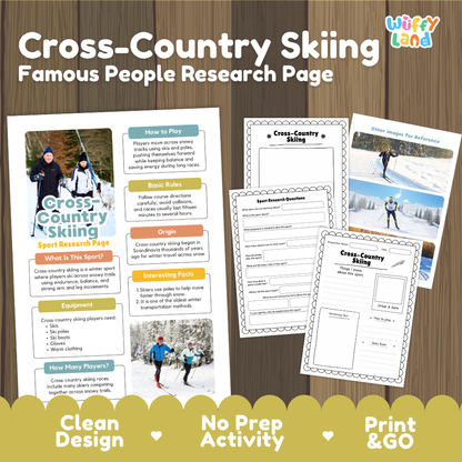 A product listing graphic for a 'Cross-Country Skiing Famous People Research Page' educational activity sheet set by 'Wiffly Land'. The image shows the main printed page alongside three preview pages of related worksheets.