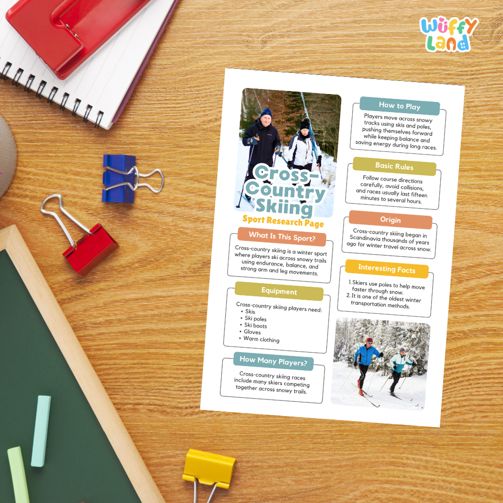 A printed cross-country skiing instruction sheet laid on a wooden desk, surrounded by school or office supplies including a red spiral notebook, blue and red binder clips, a green chalkboard, and a yellow paperclip. The sheet has colorful headings, short activity instructions, and photos of people skiing.