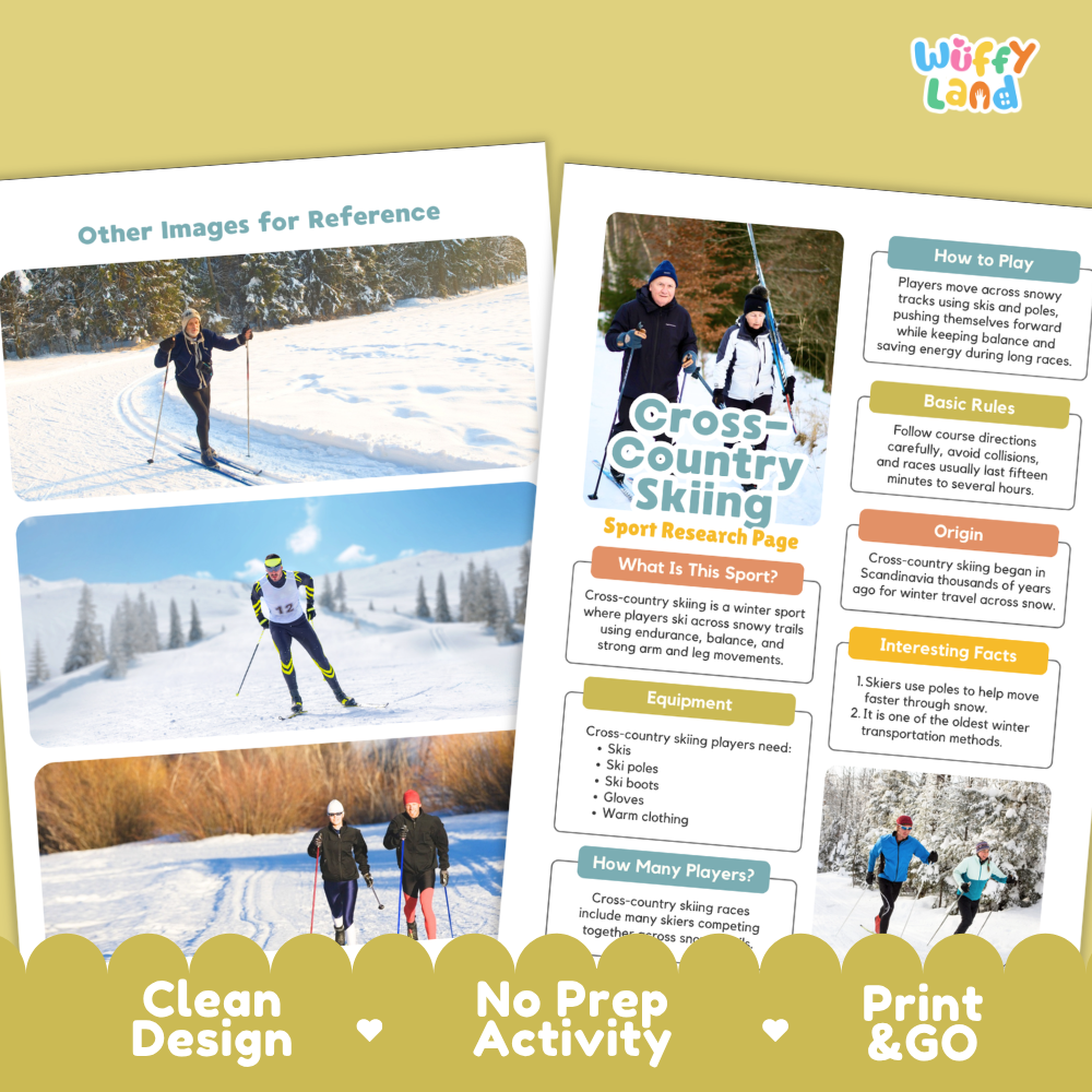 A printed or digital brochure-style design for a cross country skiing guide, featuring two overlapping pages with ski photos, headings like 'Other Images for Reference,' 'Cross Country Skiing,' 'How to Play,' 'Basic Rules,' 'Origin,' 'Interesting Facts,' and 'How Many Players,' on a pale yellow background with a dark green banner reading 'Clean Design,' 'No Prep Activity,' and 'Print & GO.'.