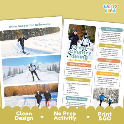 A printed or digital brochure-style design for a cross country skiing guide, featuring two overlapping pages with ski photos, headings like 'Other Images for Reference,' 'Cross Country Skiing,' 'How to Play,' 'Basic Rules,' 'Origin,' 'Interesting Facts,' and 'How Many Players,' on a pale yellow background with a dark green banner reading 'Clean Design,' 'No Prep Activity,' and 'Print & GO.'.