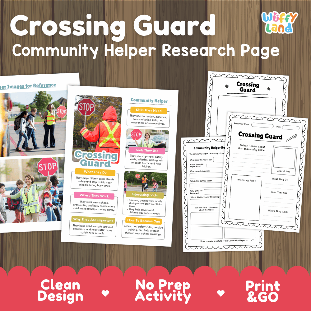 Crossing guard community helper research page writing worksheets pack featuring real photos and student activity pages for elementary social studies