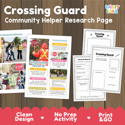 Crossing guard community helper research page writing worksheets pack featuring real photos and student activity pages for elementary social studies