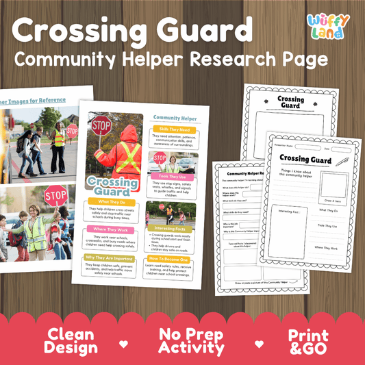Crossing guard community helper research page writing worksheets pack featuring real photos and student activity pages for elementary social studies