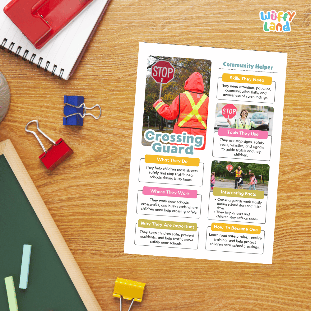 Guided student writing worksheets with lined sections for recording facts and a dedicated box for drawing or pasting a picture of a crossing guard