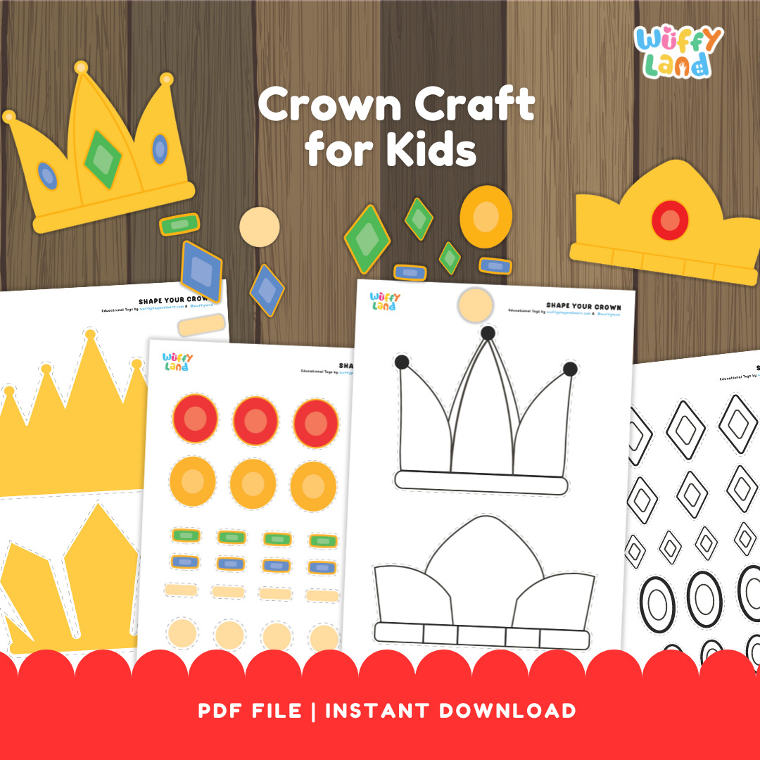Printable crown craft activity for kids featuring cut-and-paste crown templates, colorful jewel shapes, and decorative pieces for assembling and designing paper crowns