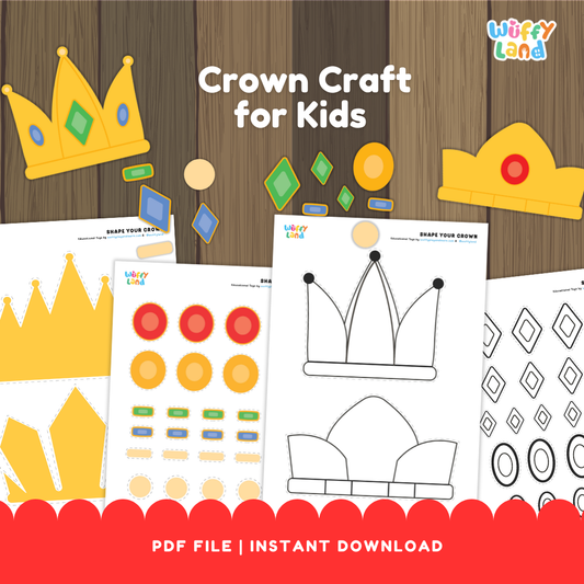Printable crown craft activity for kids featuring cut-and-paste crown templates, colorful jewel shapes, and decorative pieces for assembling and designing paper crowns