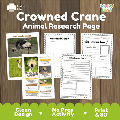 Digital worksheet preview for a 'Crowned Crane Animal Research Page' by Wiffy Land, displayed on a wood-grain background with green banner accents at the bottom highlighting key features like clean design, no prep activity, and print & go usability.