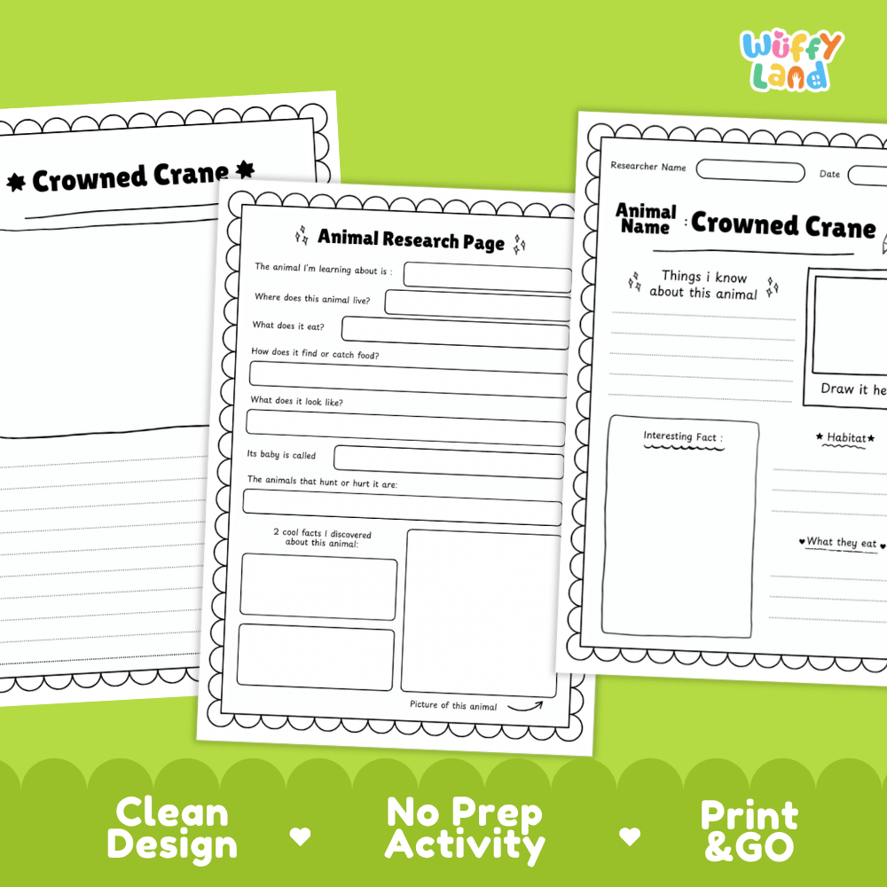 Three printable worksheet pages for animal research are shown on a bright green background. The pages are white with black outlines and text, featuring templates like a 'Crowned Crane' and an 'Animal Research Page.