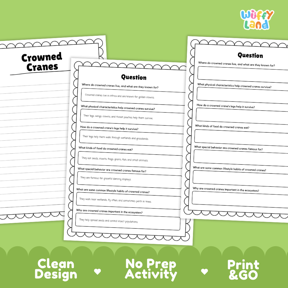 Three printable worksheet pages about crowned cranes are shown on a green background. The pages have a clean white border and black text with fill-in lines for writing answers.
