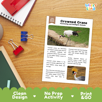 An educational activity sheet about crowned cranes laid on a wooden desk with colorful paperclips and notebooks. The sheet has text, a small crane photo, and the title 'Crowned Crane: Fascinating and Intelligent Animals.