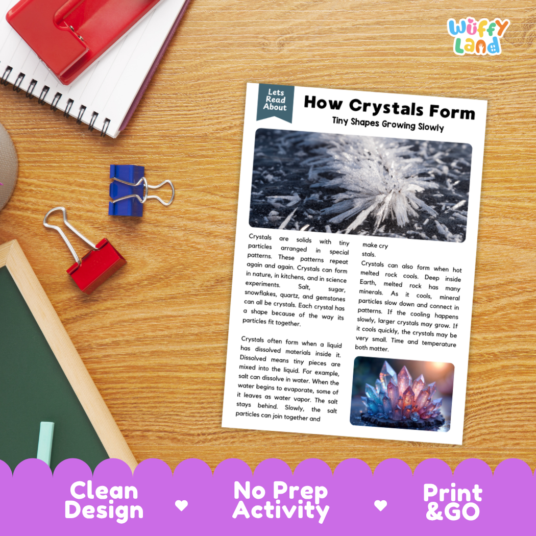 Printable student worksheet with short-answer reading comprehension questions covering crystals and geology