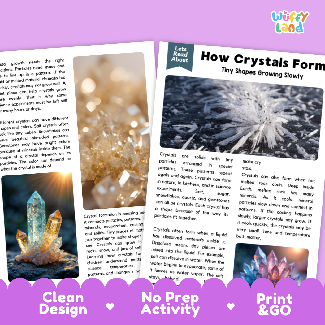Complete teacher answer key worksheet providing detailed model responses for crystal formation comprehension questions