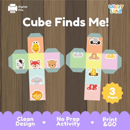 Cube Finds Me printable animal front and back 3D dice matching game overview from Wuffy Land featuring 3 activity pages 🦁🎲