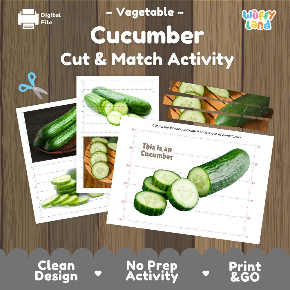 Cucumber cut and match activity cover showing printable fine motor puzzle sheets and vegetable photographs