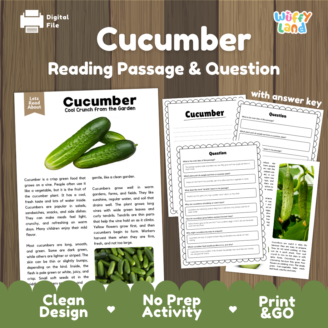 Cucumber reading comprehension passage and questions printable activity pack with answer key for elementary students