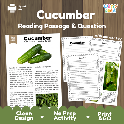 Cucumber reading comprehension passage and questions printable activity pack with answer key for elementary students
