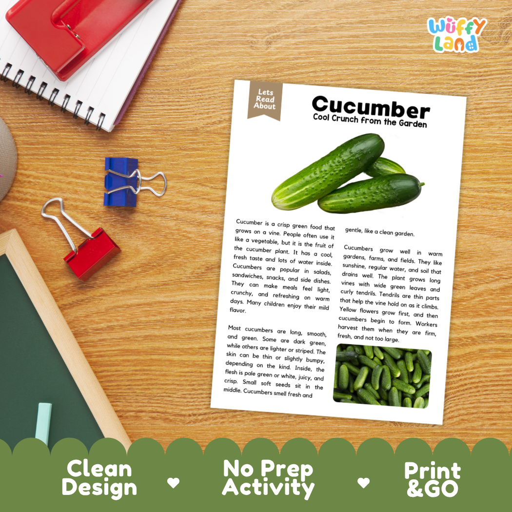 Student reading comprehension worksheet with short-answer questions and lined sections about cucumber vegetables