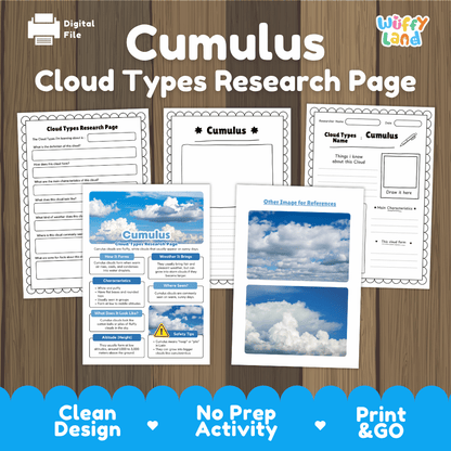 Cumulus Cloud Types Research Worksheets and Informational Fact Sheets