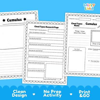 Cumulus Cloud Types Research Worksheets and Informational Fact Sheets
