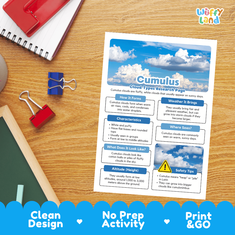 Cumulus Cloud Types Research Worksheets and Informational Fact Sheets
