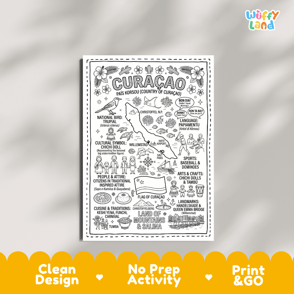 Educational activity coloring page highlighting Curacao Chichi doll symbol, island flag, flamingo, and marine sea turtle