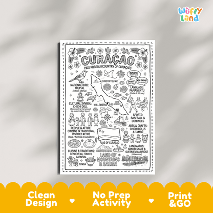 Educational activity coloring page highlighting Curacao Chichi doll symbol, island flag, flamingo, and marine sea turtle
